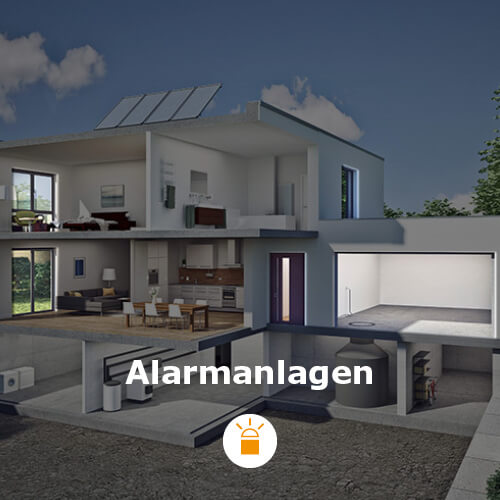 Alarmanlagen – Elektrotechnik – Bild eines Hauses, Fenster, Türen und Garage werden hervorgehoben