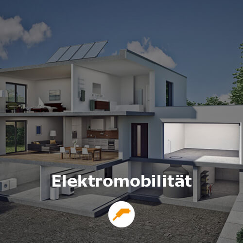 Elektromobilität – Elektrotechnik – Bild eines Hauses, die Garage wird hervorgehoben