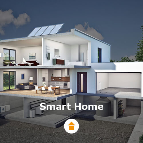 Smarth Home – Elektrotechnik – Bild eines Hauses, der gesamte Innenraum und die Photovoltaikanlage werden hervorgehoben